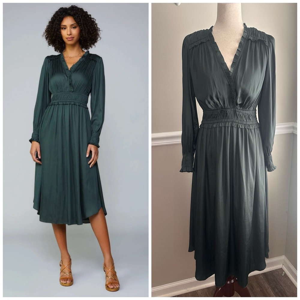 Current Air Smocked Bodice Green Midi Dress M Long Sleeve Satin Party Holiday